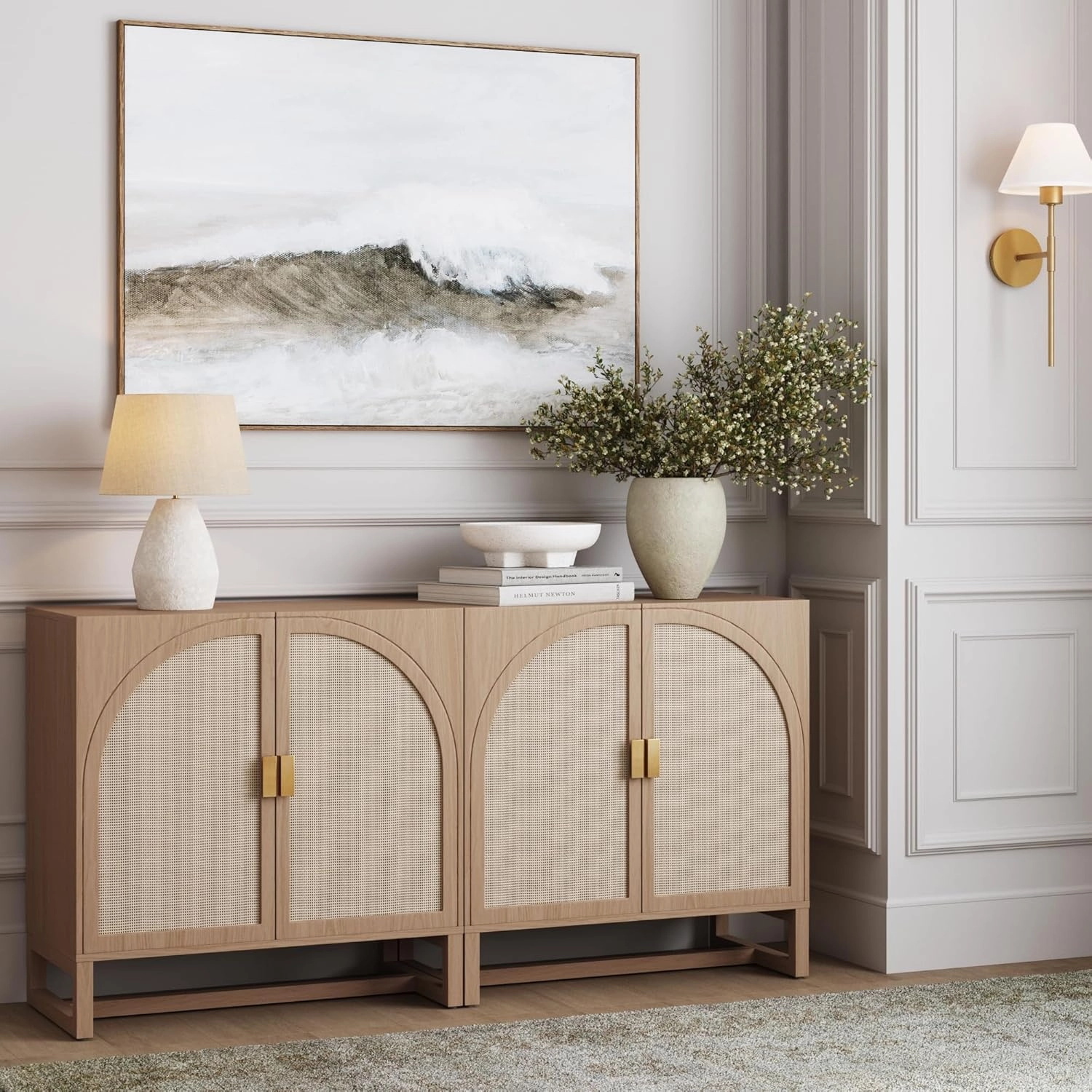 Nathan James Paxton Mid-Century Modern Wood Storage Cabinet with Doors, Arched Storage Cabinet for Living Room or Kitchen with Rattan Door Details, Raw Oak Set of 2