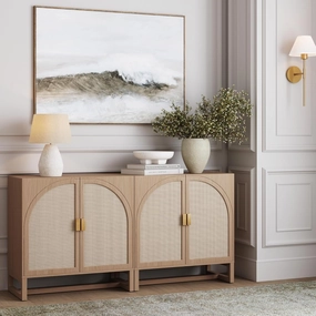 Nathan James Paxton Mid-Century Modern Wood Storage Cabinet with Doors, Arched Storage Cabinet for Living Room or Kitchen with Rattan Door Details, Raw Oak Set of 2