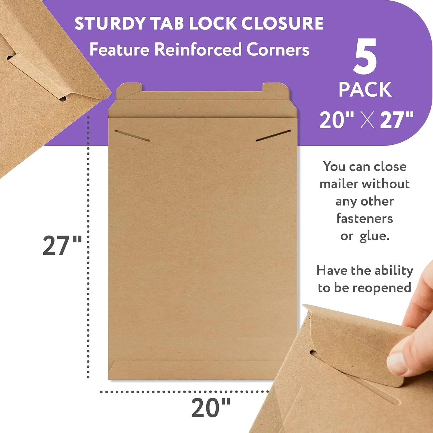 Natural Brown Tab Lock Rigid Mailers, 20 x 27 Inch. Pack of 5 Cardboard Envelopes for Photos, Documents. Sturdy Stay Flat Mailers with Tab Lock Closure. Hard Rigid Shipping Envelopes