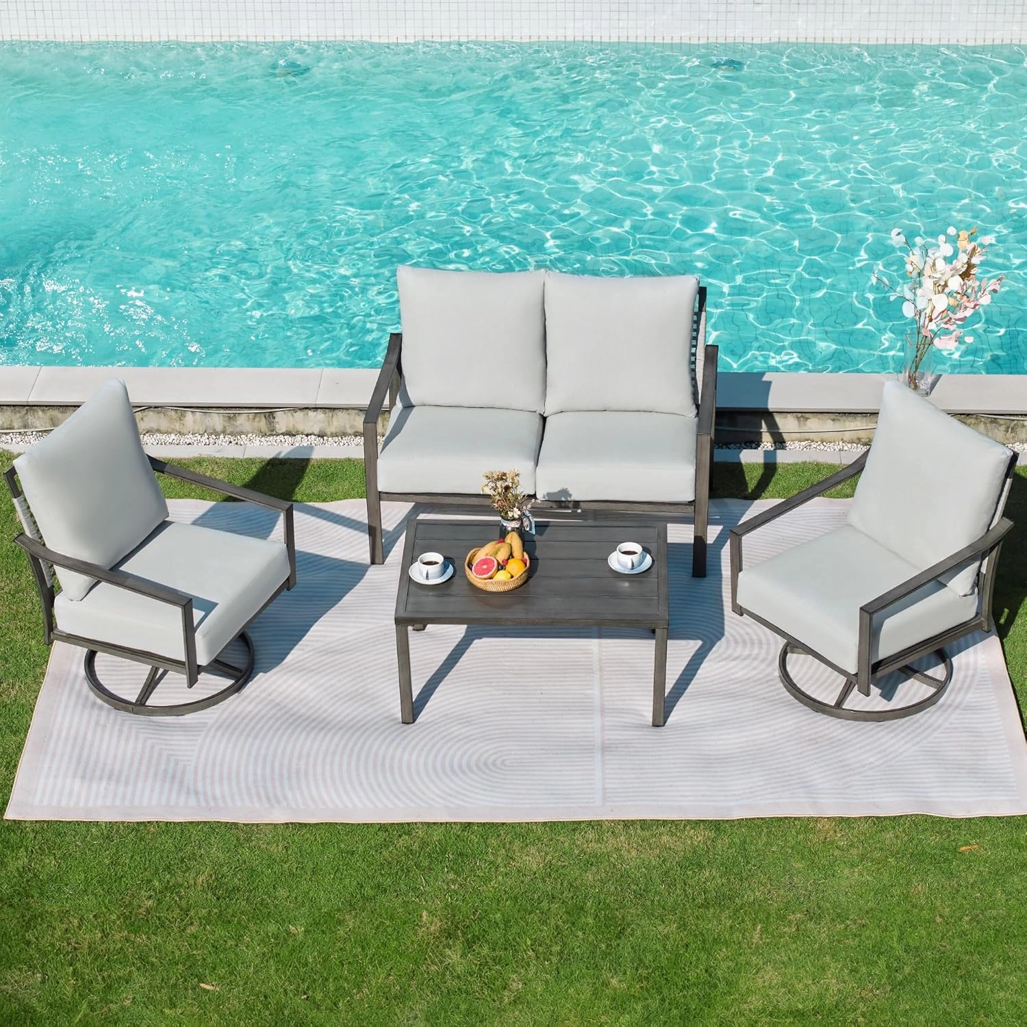 NATURAL EXPRESSIONS 4 Pieces Patio Furniture Sets, Modern Metal Outdoor Conversation Sets with High Back All Weather Hand-Woven Rope Rocking Swivel Chairs, Loveseat, Metal Table, 5.5" Thick Cushions