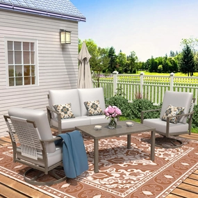 NATURAL EXPRESSIONS 4 Pieces Patio Furniture Sets, Modern Metal Outdoor Conversation Sets with High Back All Weather Hand-Woven Rope Rocking Swivel Chairs, Loveseat, Metal Table, 5.5" Thick Cushions