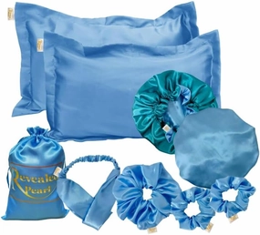 Natural hair essentials reversible and adjustable Satin bonnet, satin pillowcases, satin Scrunchies and headband set of 8 pieces (Light blue)