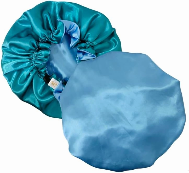 Natural hair essentials reversible and adjustable Satin bonnet, satin pillowcases, satin Scrunchies and headband set of 8 pieces (Light blue)
