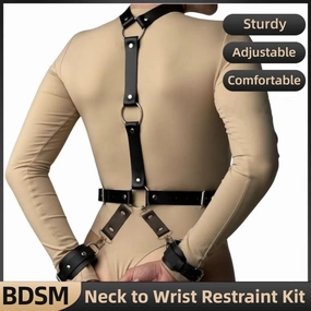 Neck to Wrist BDSM Bondage Restraints Handcuffs Collar Set Sex Toys Behind Back Handcuffs Waist Belt PU Leather Cuffs Adjustable for Adult SM Games Women Men