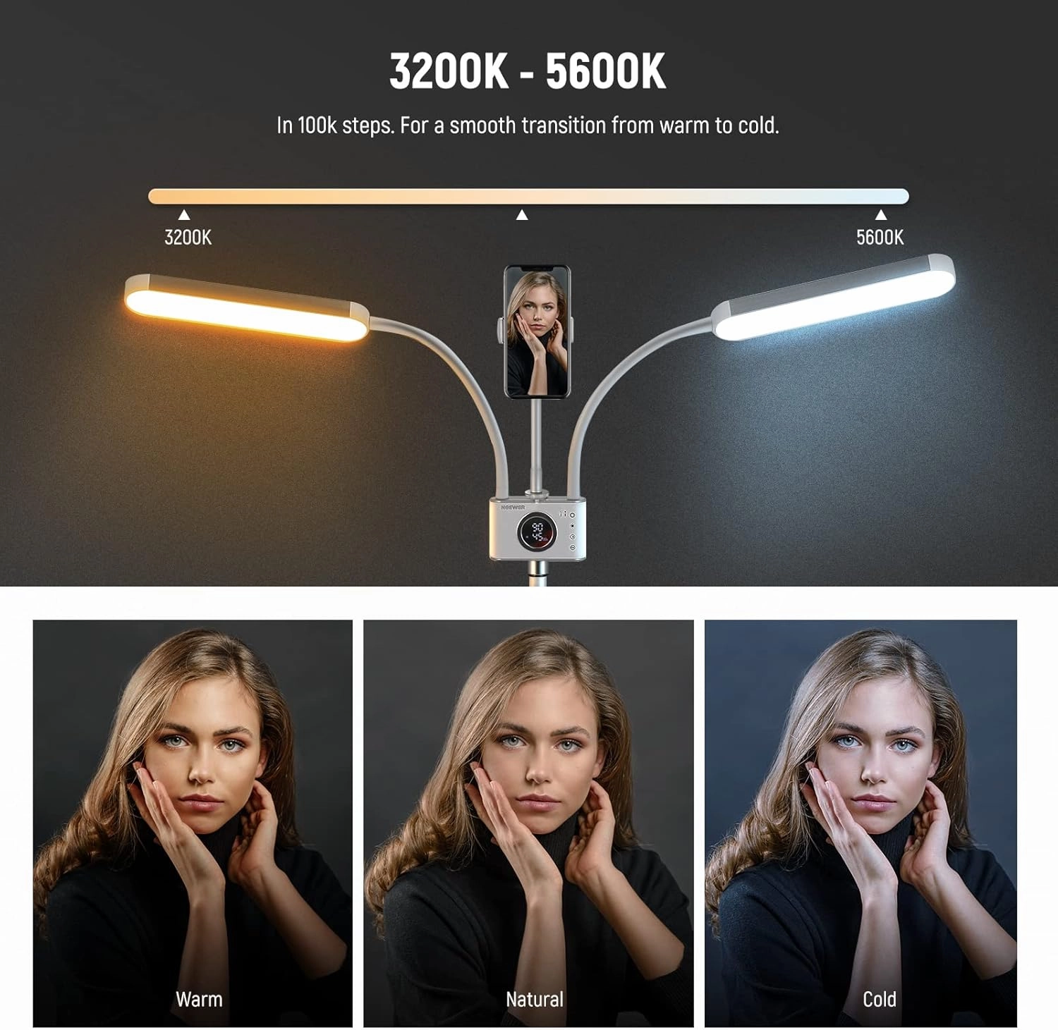 NEEWER Esthetician Light with Phone Holder & Travel Bag Kit, Support 2.4G/PC/MAC Control & Separate Control of 2 LED Light Heads, CRI98  Bi Color Stepless Dimmable Tattoo Lighting Lash Lamp, BH40B