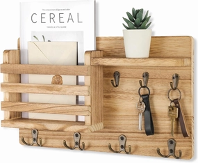 Nekon Mail Holder for Wall Mail Organizer with Key Hooks Hallway Farmhouse Decor Letter Sorter with Floating Shelf (16.8Inch x 10Inch x 3.2Inch) (Wood)