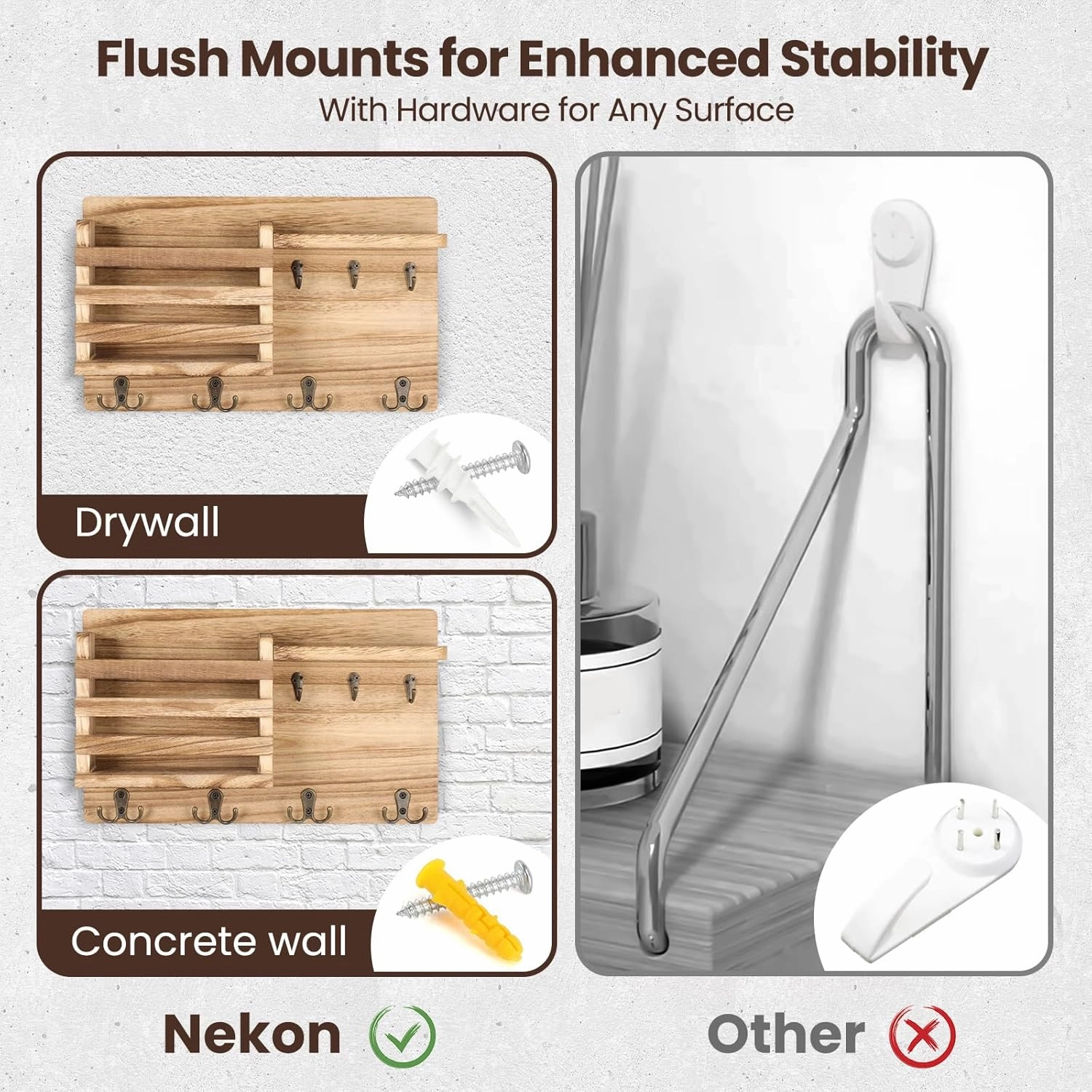 Nekon Mail Holder for Wall Mail Organizer with Key Hooks Hallway Farmhouse Decor Letter Sorter with Floating Shelf (16.8Inch x 10Inch x 3.2Inch) (Wood)