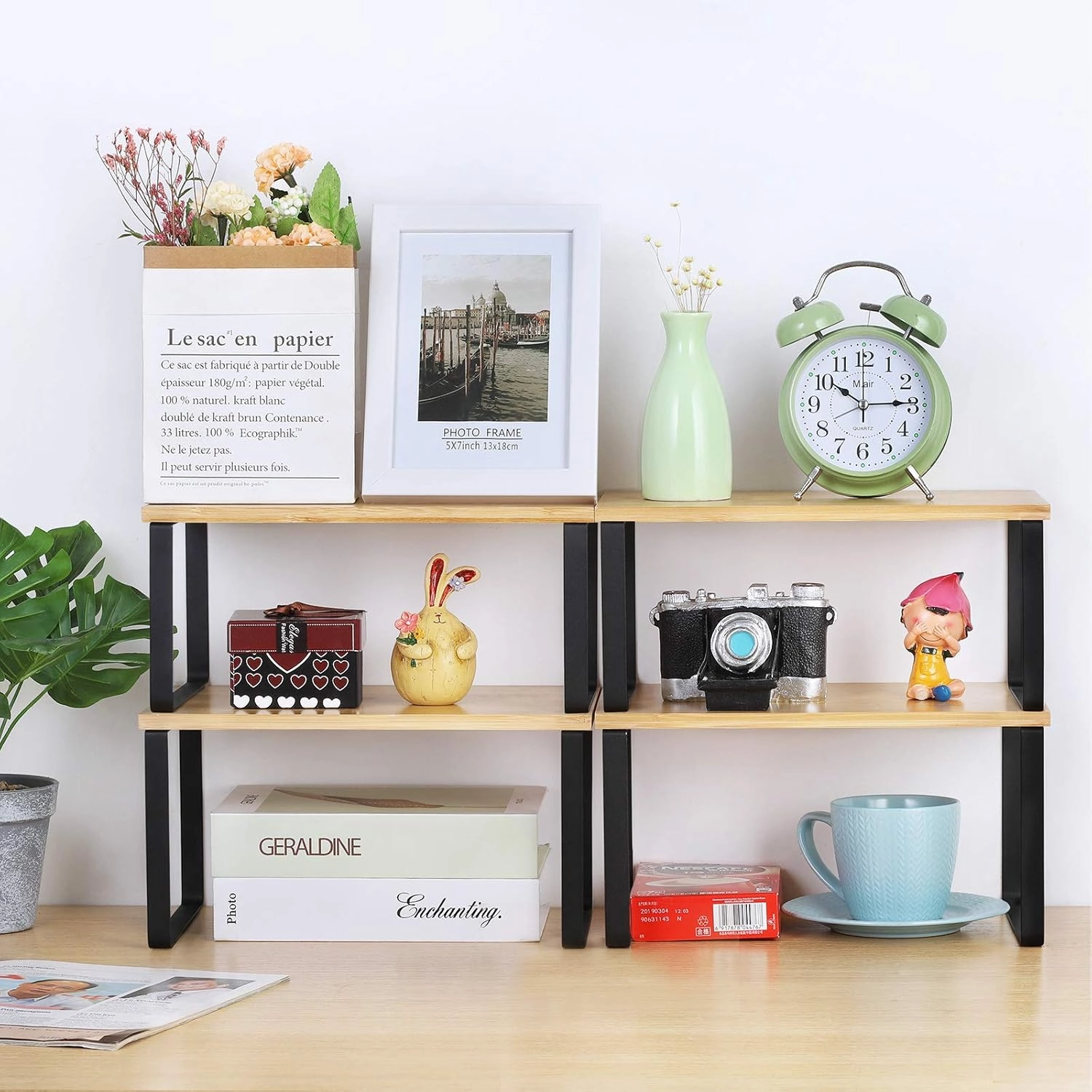 NEX Kitchen Cabinet and Counter Shelf Organizer, Stackable & Expandable, Set of 4, Black and Natural