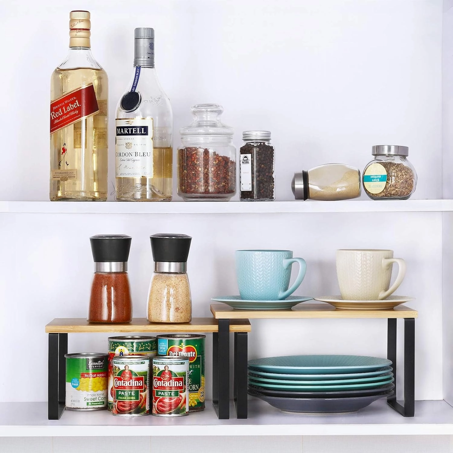 NEX Kitchen Cabinet and Counter Shelf Organizer, Stackable & Expandable, Set of 4, Black and Natural