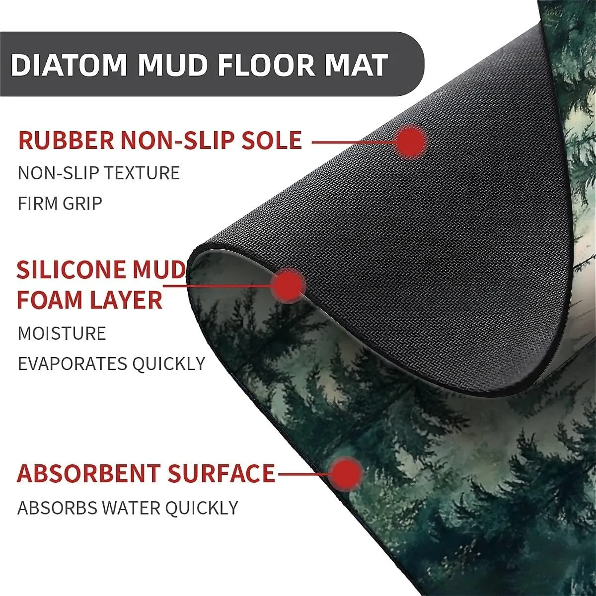 Non-Slip Diatomite Bath Mat, Fast Drying Super Absorbent Floor Mat with Mountain Design for Bathroom & Kitchen(Misty Mountains with Pine Trees,17x27.5Inch (43 * 70cm))