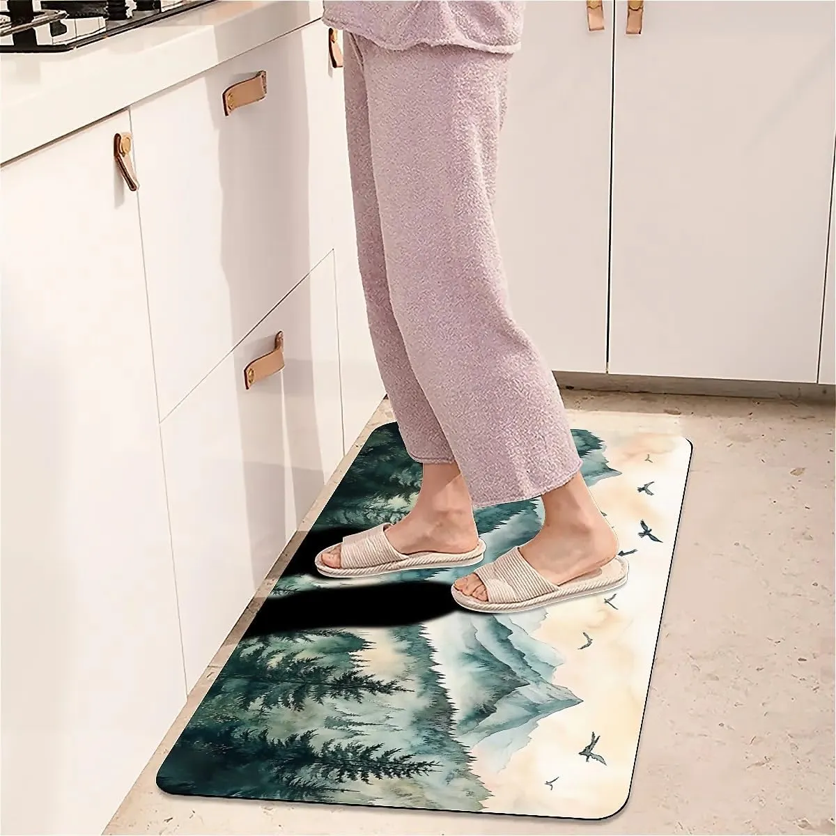 Non-Slip Diatomite Bath Mat, Fast Drying Super Absorbent Floor Mat with Mountain Design for Bathroom & Kitchen(Misty Mountains with Pine Trees,17x27.5Inch (43 * 70cm))