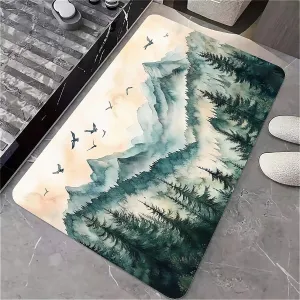 Non-Slip Diatomite Bath Mat, Fast Drying Super Absorbent Floor Mat with Mountain Design for Bathroom & Kitchen(Misty Mountains with Pine Trees,17x27.5Inch (43 * 70cm))