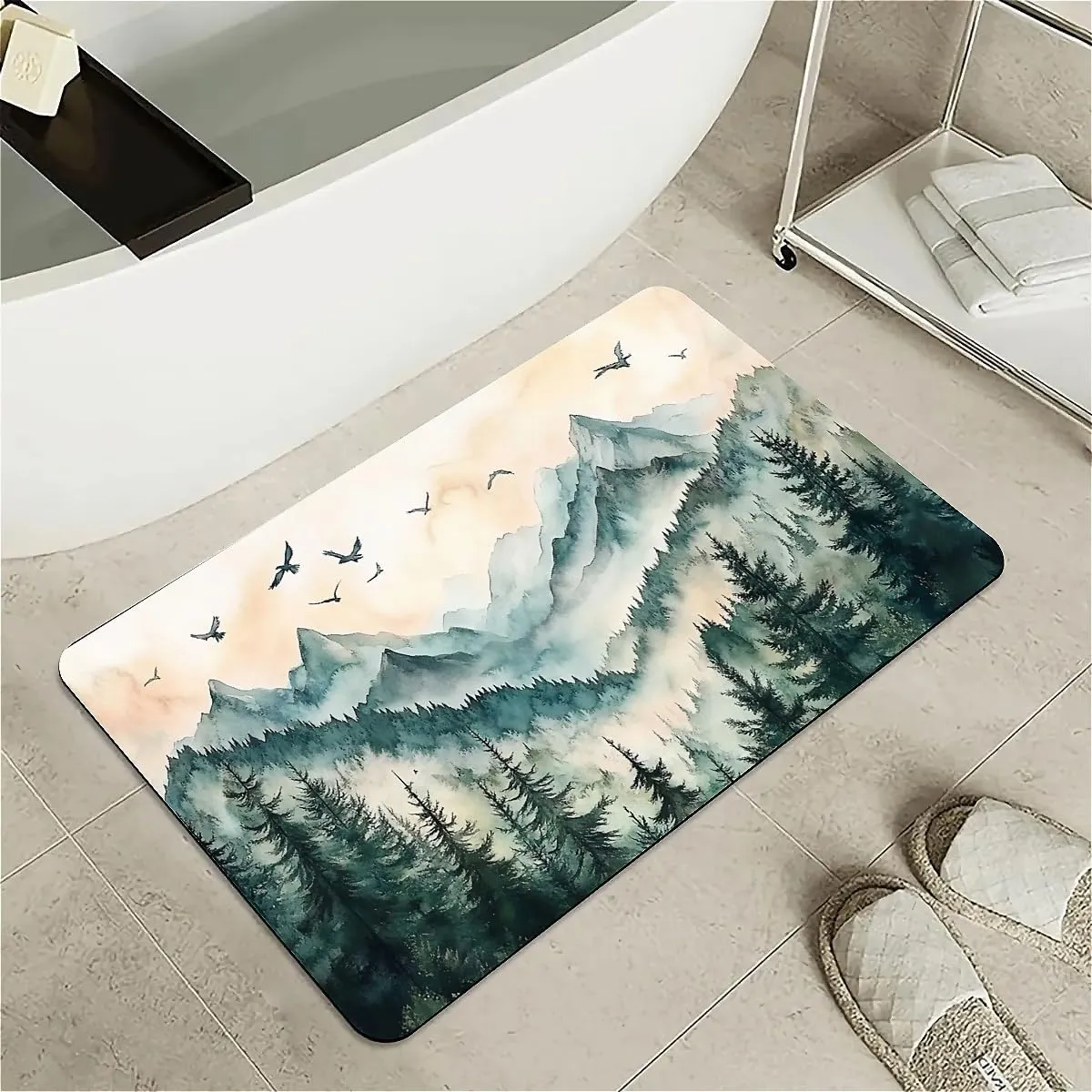 Non-Slip Diatomite Bath Mat, Fast Drying Super Absorbent Floor Mat with Mountain Design for Bathroom & Kitchen(Misty Mountains with Pine Trees,17x27.5Inch (43 * 70cm))