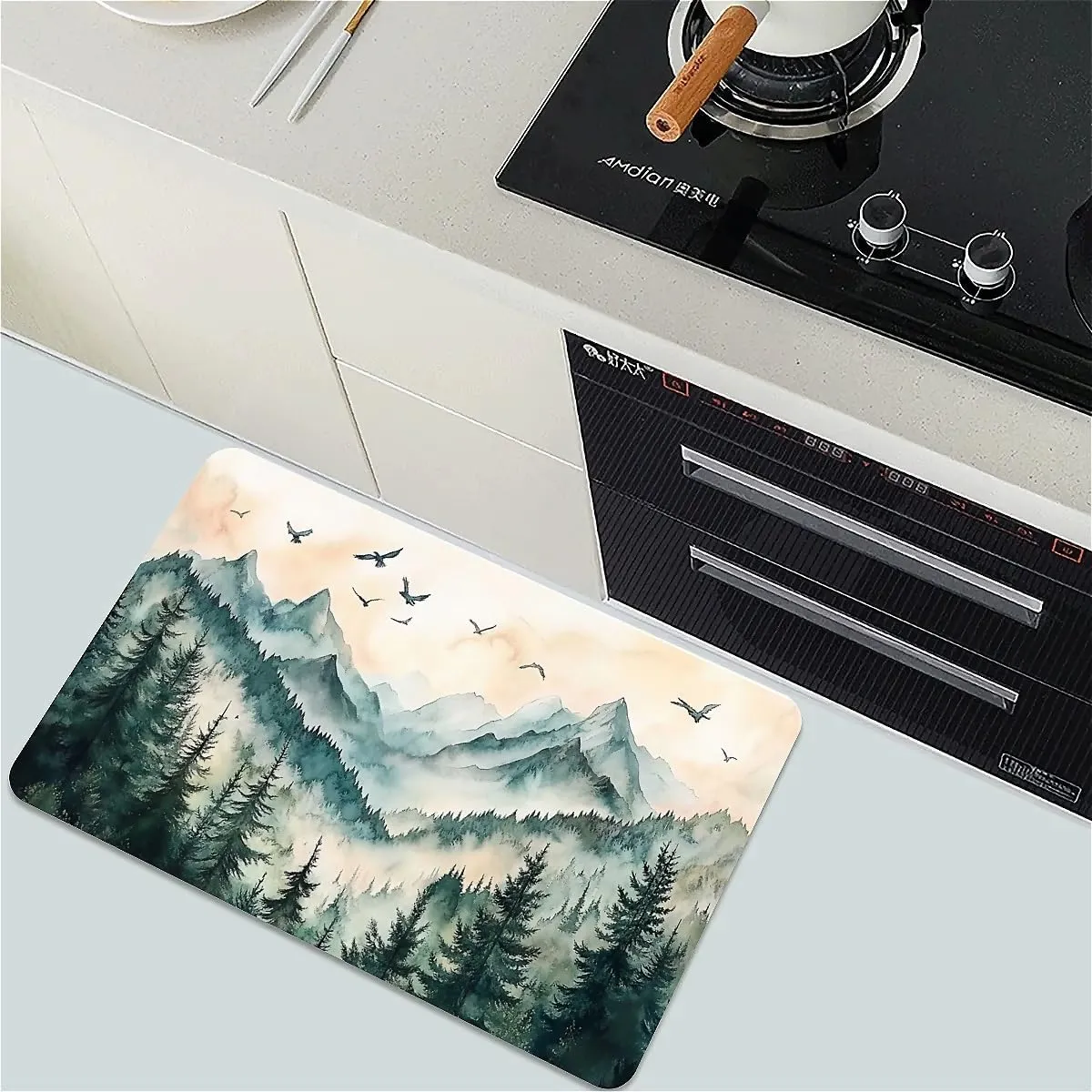 Non-Slip Diatomite Bath Mat, Fast Drying Super Absorbent Floor Mat with Mountain Design for Bathroom & Kitchen(Misty Mountains with Pine Trees,17x27.5Inch (43 * 70cm))
