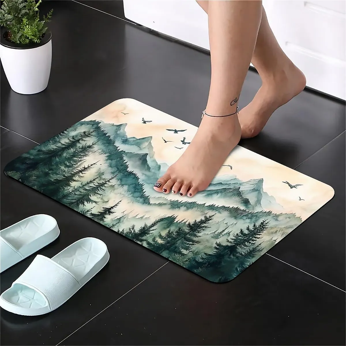 Non-Slip Diatomite Bath Mat, Fast Drying Super Absorbent Floor Mat with Mountain Design for Bathroom & Kitchen(Misty Mountains with Pine Trees,17x27.5Inch (43 * 70cm))