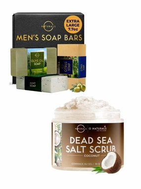 O Naturals 3pc Refreshing Mens Soap & Coconut Body Scrub Bundle - Organic & Natural Soap for Men & Women - Citrus,Olive&Mint Exfoliating Coconut Oil Dead Sea Salt Deep-Cleansing Face & Body Scrub