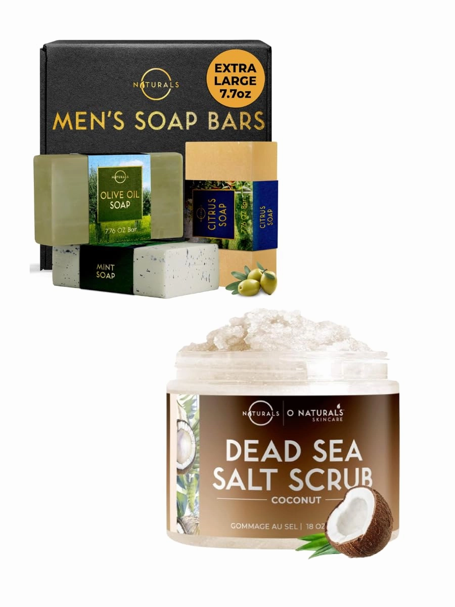 O Naturals 3pc Refreshing Mens Soap & Coconut Body Scrub Bundle - Organic & Natural Soap for Men & Women - Citrus,Olive&Mint Exfoliating Coconut Oil Dead Sea Salt Deep-Cleansing Face & Body Scrub