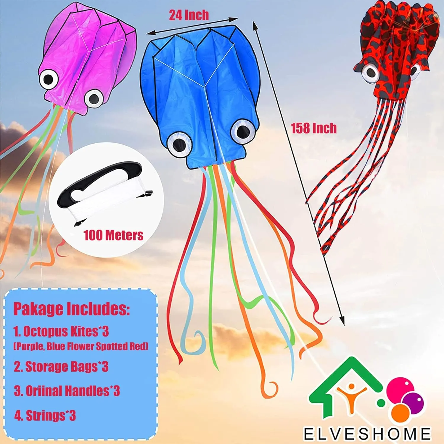 Octopus Kite 3 PACK Kites for Adults Easy To fly, 3D Beautiful Large Giant Kites with Kite String, Kites for Kids Easy to Fly Boys Girls Outdoor Travel Park Beach 158'' Long Tail Kite Runner, 3 Colors