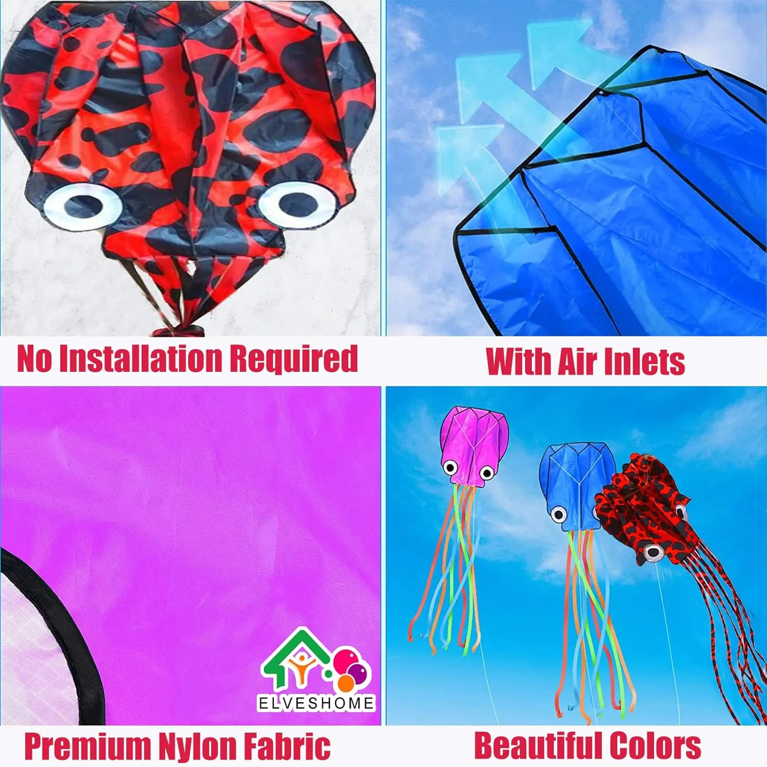 Octopus Kite 3 PACK Kites for Adults Easy To fly, 3D Beautiful Large Giant Kites with Kite String, Kites for Kids Easy to Fly Boys Girls Outdoor Travel Park Beach 158'' Long Tail Kite Runner, 3 Colors