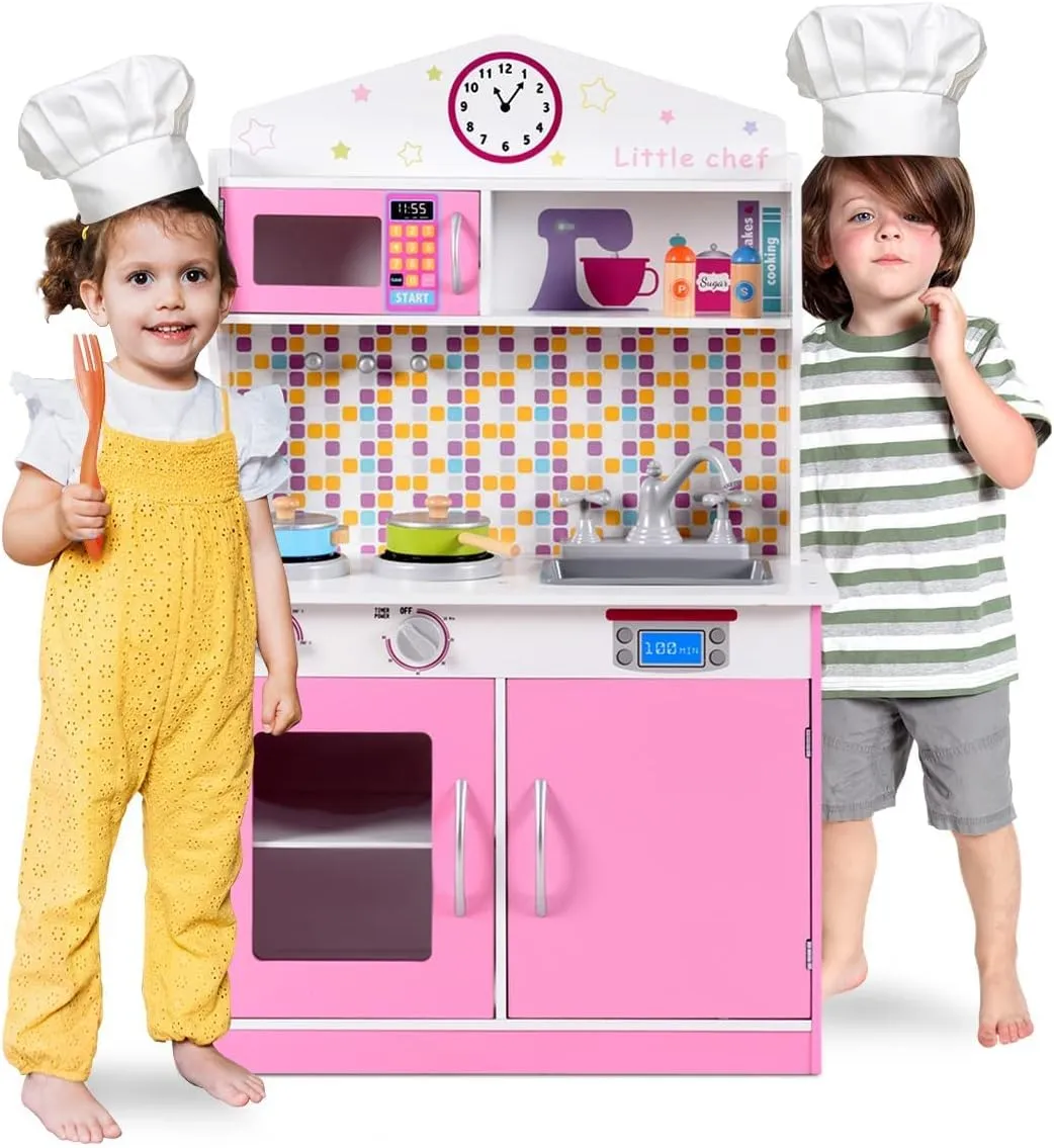 OLAKIDS Kids Kitchen Playset, Wooden Play Kitchen for Toddlers with Real Sounds, Stove Microwave Oven Sink Faucet, Large Storage Cabinet, Pretend Play Toys Cooking Gift for Boys Girls (Pink)