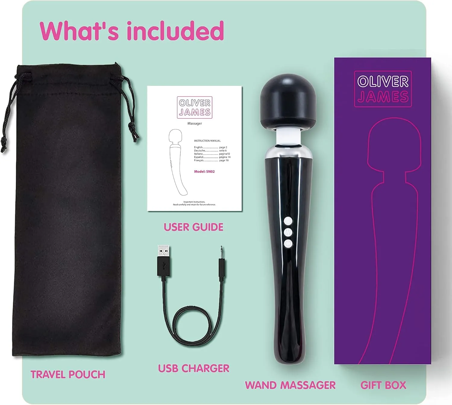 Oliver James Vibrator, Sex Toys Wand Massager, Adult Toy for Women - G Spot Vibrators, Clitoris Stimulation, Dildo, Water-Resistant, Wireless, 20 Vibration Modes & 8 Speeds (Large, Black)