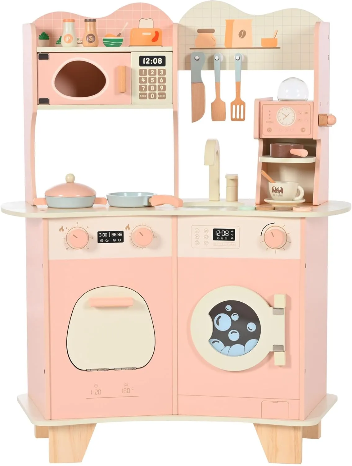 OLLIKIVI Wooden Play Kitchen for Kids, Toy Kitchen Set with Realistic Accessories, Modern Style Play Kitchen for Girls & Boys, Gift for Ages 3 , Pink