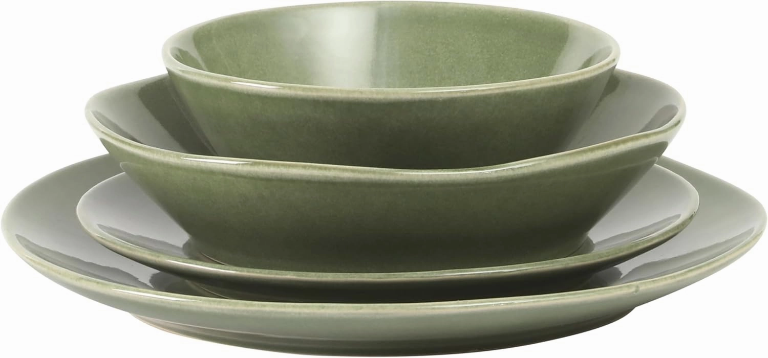 Oprah's Favorite Things - Montecito Breeze 16 Piece (Service for 4) Double Plates and Bowls Stoneware Reactive Glaze Dinnerware Set - Cyprus Green