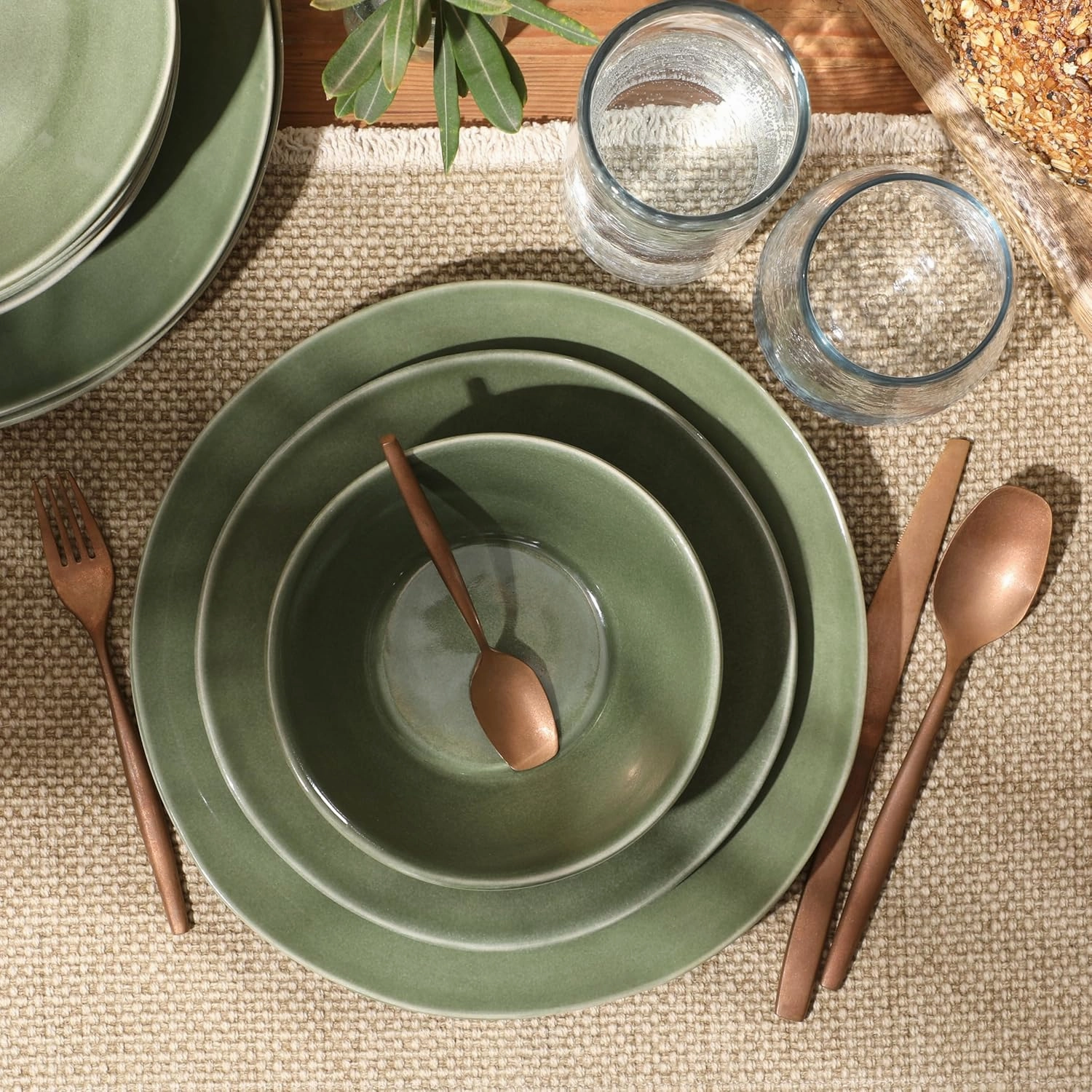Oprah's Favorite Things - Montecito Breeze 16 Piece (Service for 4) Double Plates and Bowls Stoneware Reactive Glaze Dinnerware Set - Cyprus Green