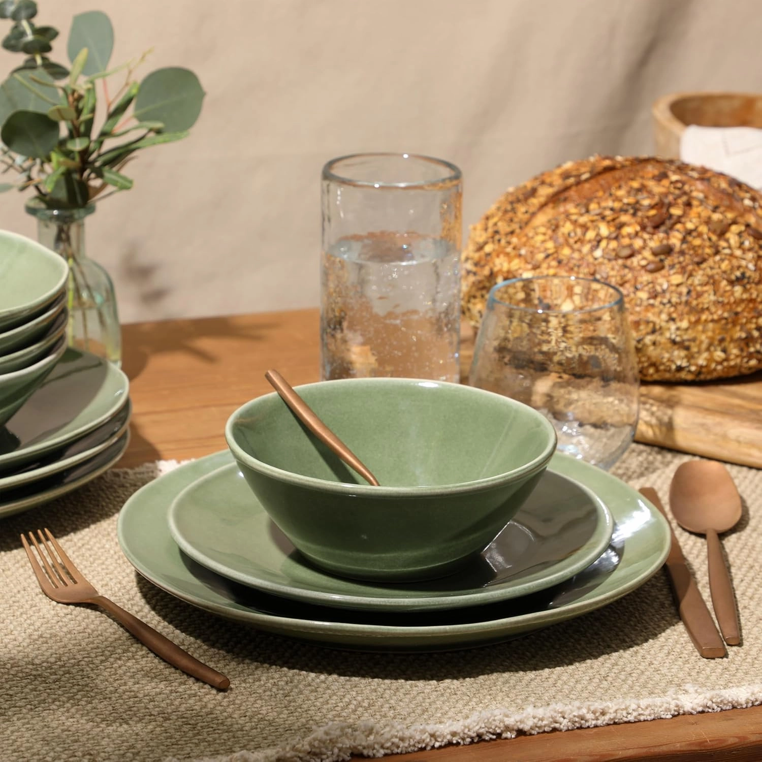 Oprah's Favorite Things - Montecito Breeze 16 Piece (Service for 4) Double Plates and Bowls Stoneware Reactive Glaze Dinnerware Set - Cyprus Green