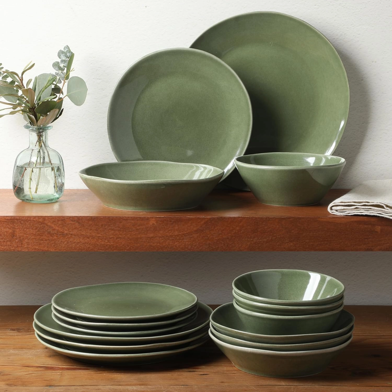 Oprah's Favorite Things - Montecito Breeze 16 Piece (Service for 4) Double Plates and Bowls Stoneware Reactive Glaze Dinnerware Set - Cyprus Green