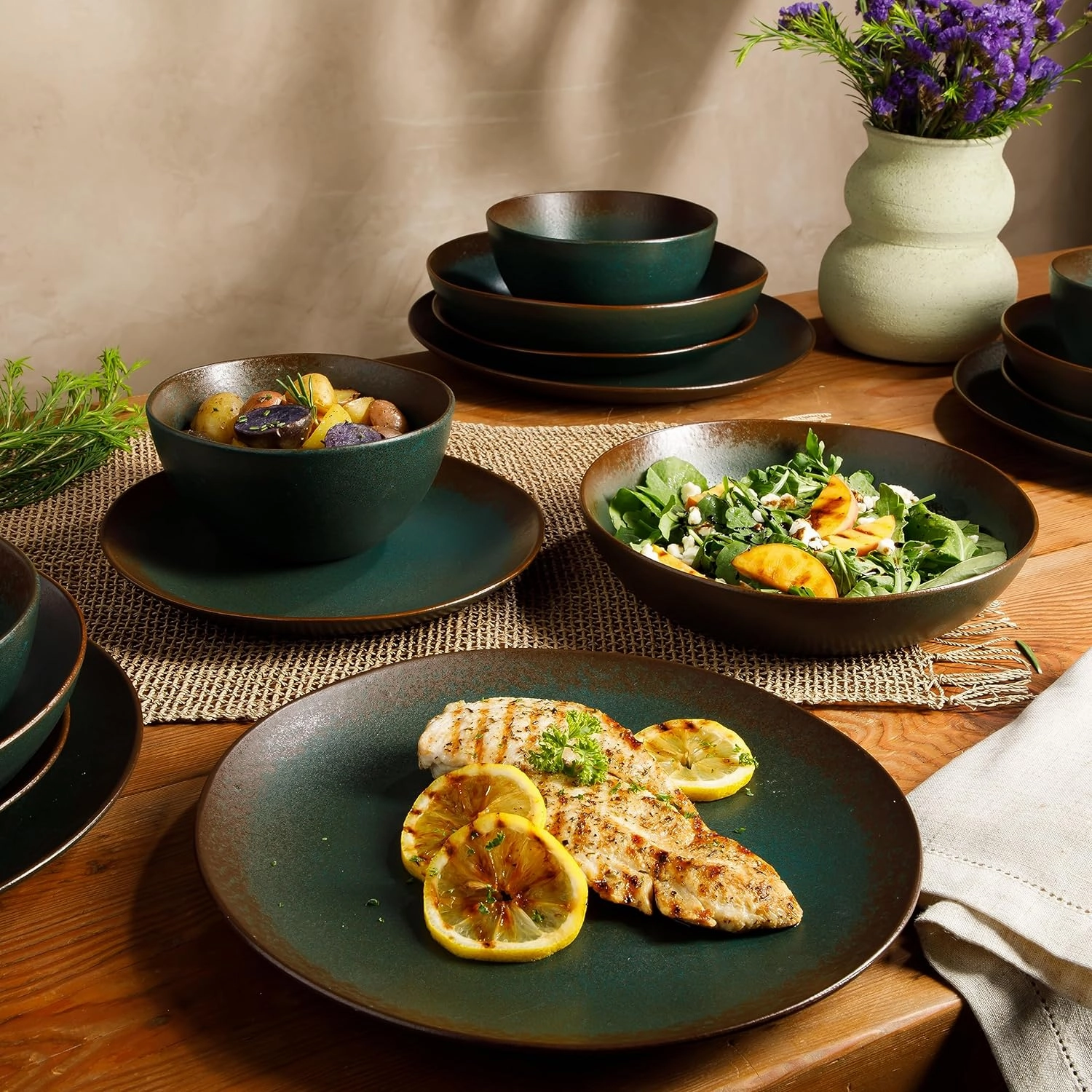 Oprah's Favorite Things - Palermo Sun Double Bowl Stoneware Reactive Glaze Plates and Bowls Dinnerware Set - Agave Blue, Service for Four (16pcs)