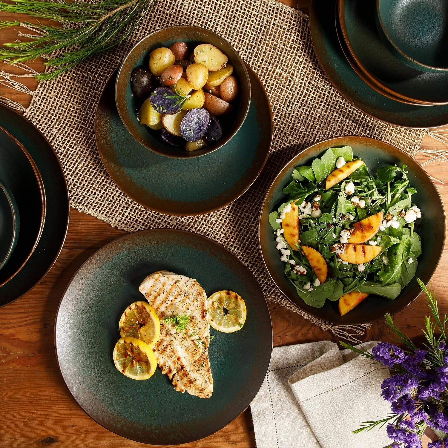 Oprah's Favorite Things - Palermo Sun Double Bowl Stoneware Reactive Glaze Plates and Bowls Dinnerware Set - Agave Blue, Service for Four (16pcs)