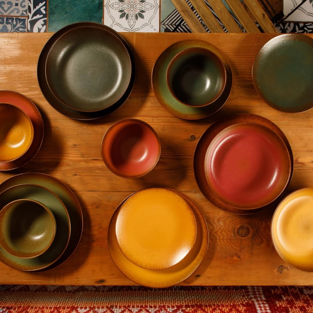 Oprah's Favorite Things - Palermo Sun Double Bowl Stoneware Reactive Glaze Plates and Bowls Dinnerware Set - Agave Blue, Service for Four (16pcs)