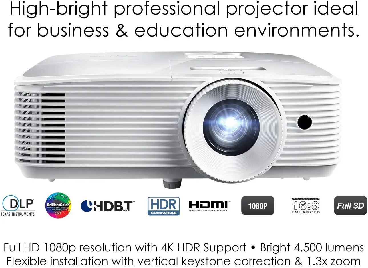 Optoma EH412 1080P HDR DLP Professional Projector | Super Bright 4500 Lumens | Business Presentations, Classrooms, and Meeting Rooms | 15000 Hour Lamp Life | 4K HDR Input | Speaker Built in , White