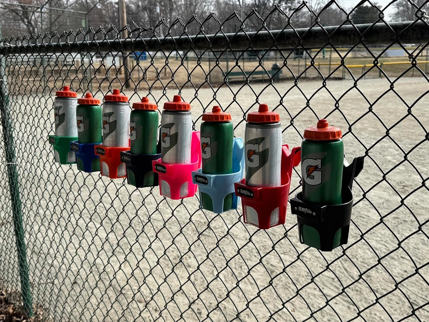 Orange Water Bottle Holder for Fence | Cup Holder and Caddy | Holds Stanley, Yeti, Gatorade Products | Baseball and Softball Dugout Organizer, Stackable for Easy Storage | Made in USA