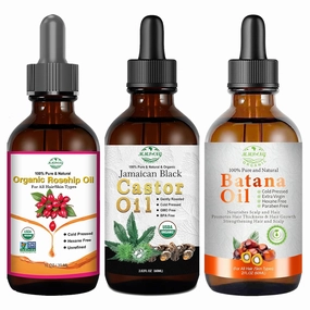 Organic Hair & Skin Oil Set with Rosehip Oil 1oz, Jamaican Black Castor Oil 2 oz, Batana Oil 2 oz