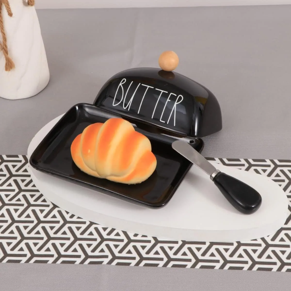 oskas Farmhouse Porcelain Black Butter Dish with Lid and Knife for Countertop