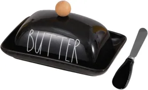 oskas Farmhouse Porcelain Black Butter Dish with Lid and Knife for Countertop