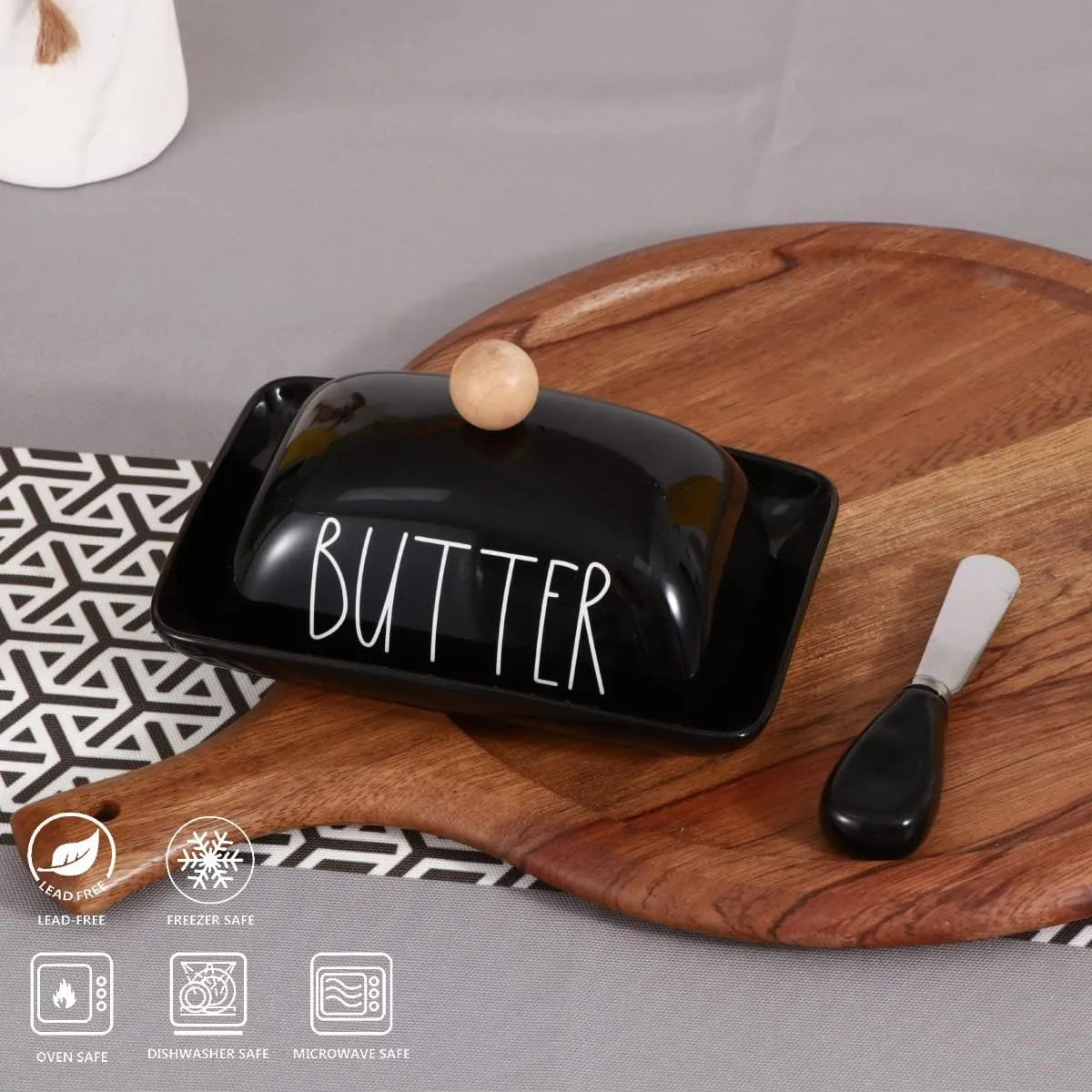 oskas Farmhouse Porcelain Black Butter Dish with Lid and Knife for Countertop