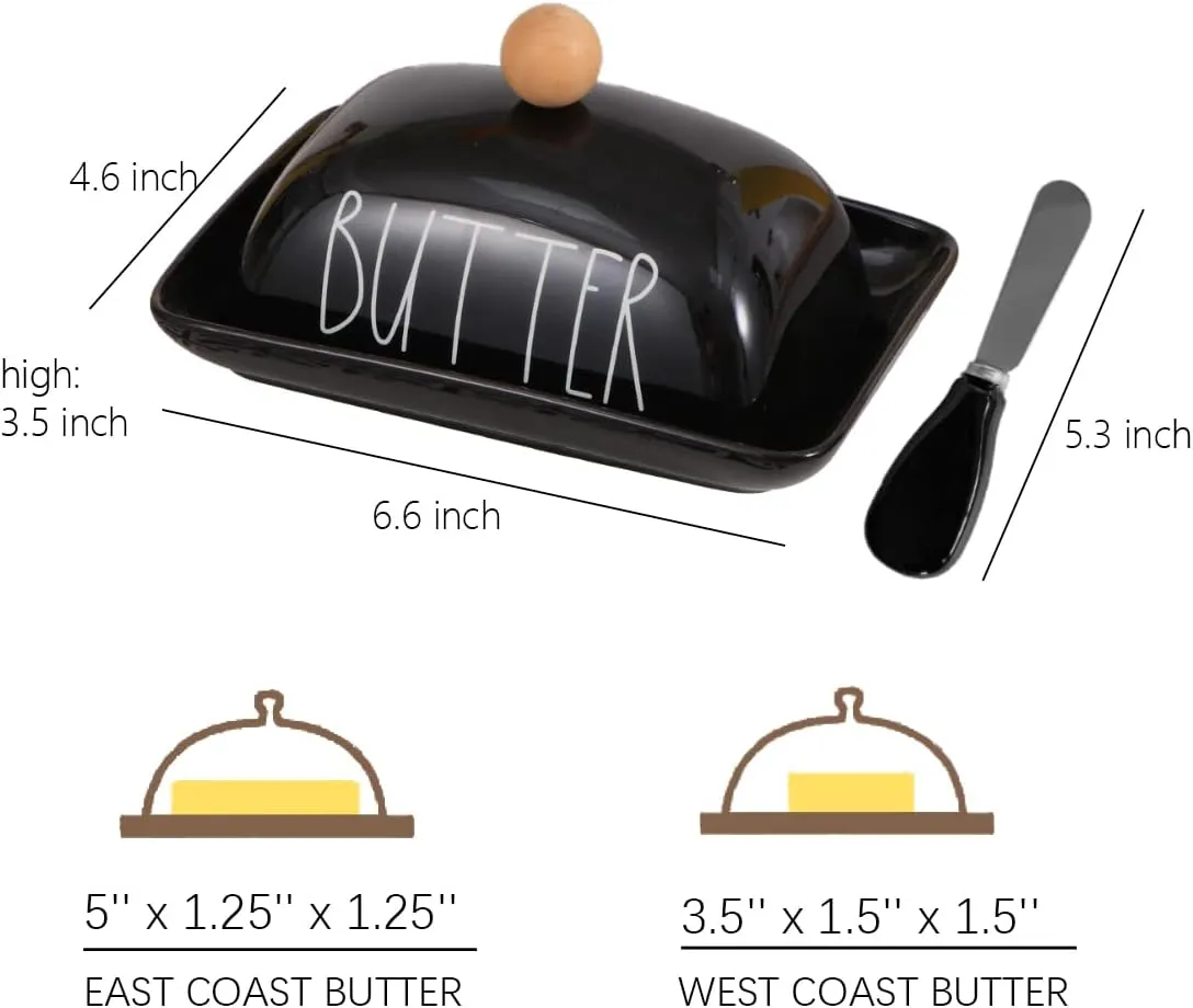 oskas Farmhouse Porcelain Black Butter Dish with Lid and Knife for Countertop