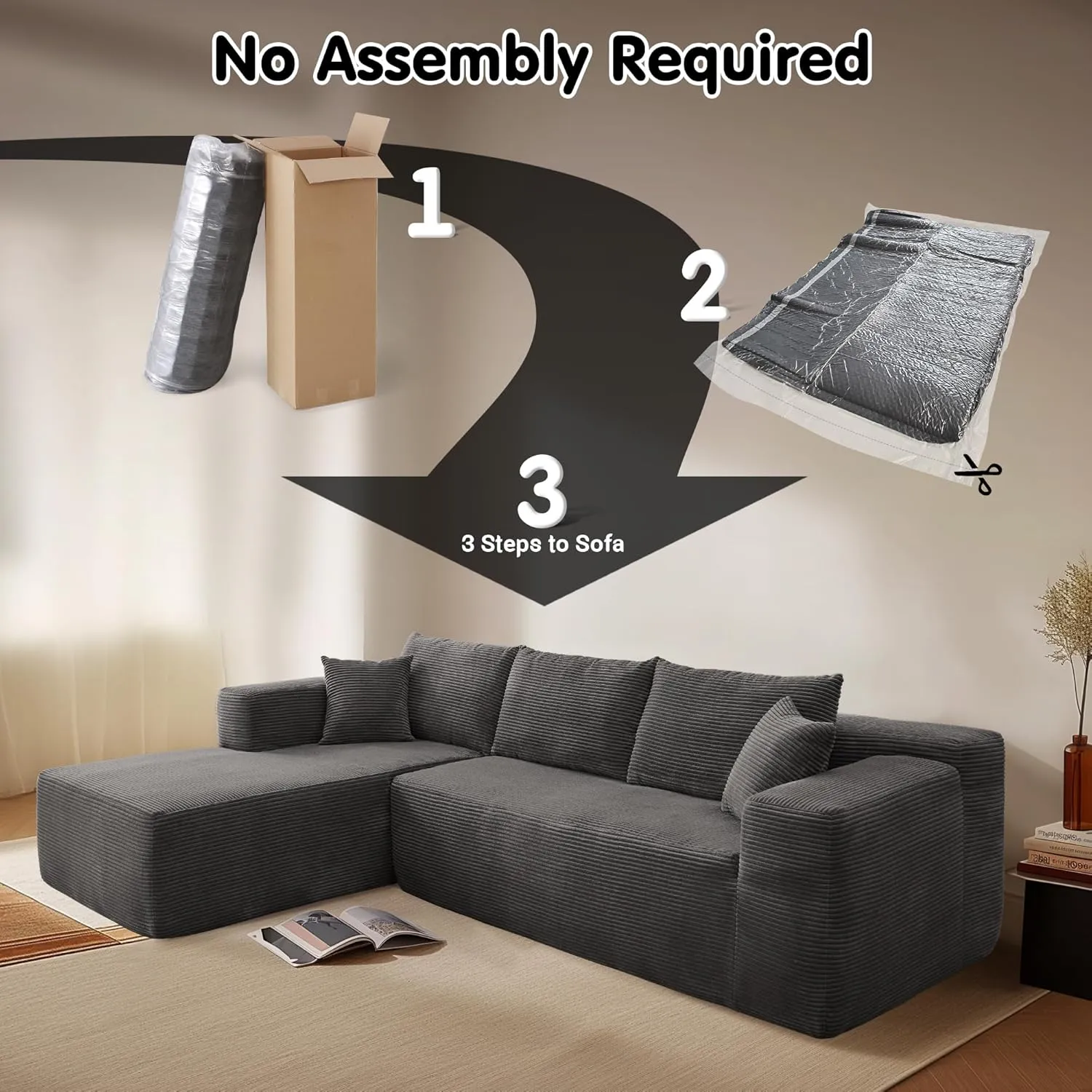 ovios 104" Cloud Sectional Couch with L-Shape Chaise,Modern Modular Sofa with Deep Seat, Upholstered Couches for Living Room Bedroom,No Assembly Required, Grey (Corduroy Fabric)