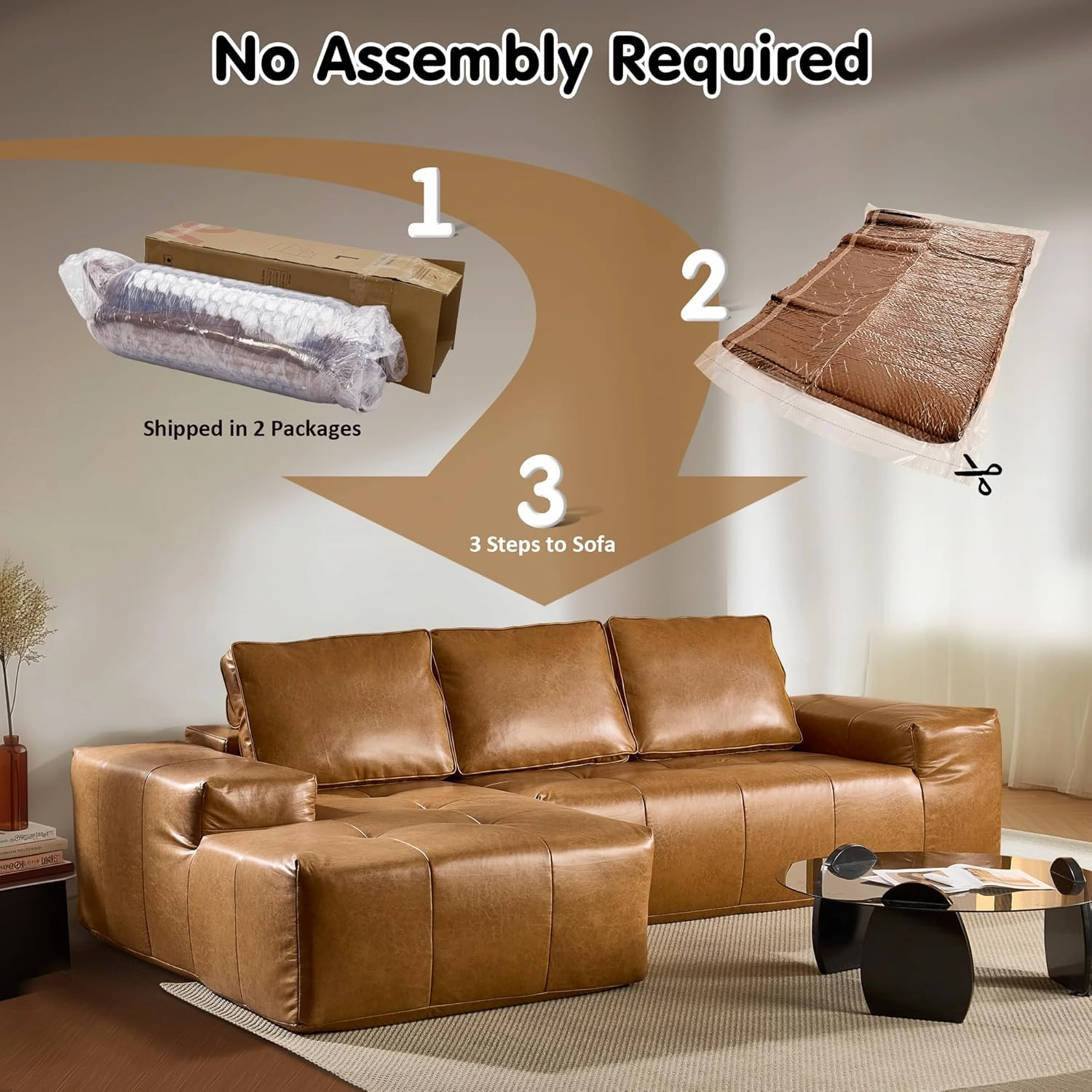 ovios 114" Cloud Sectional Couch with L-Shape Chaise,Modern Faux Leather Modular Sofa with Deep Seat, Upholstered Couches for Living Room Bedroom,No Assembly Required (Left Facing Chaise)