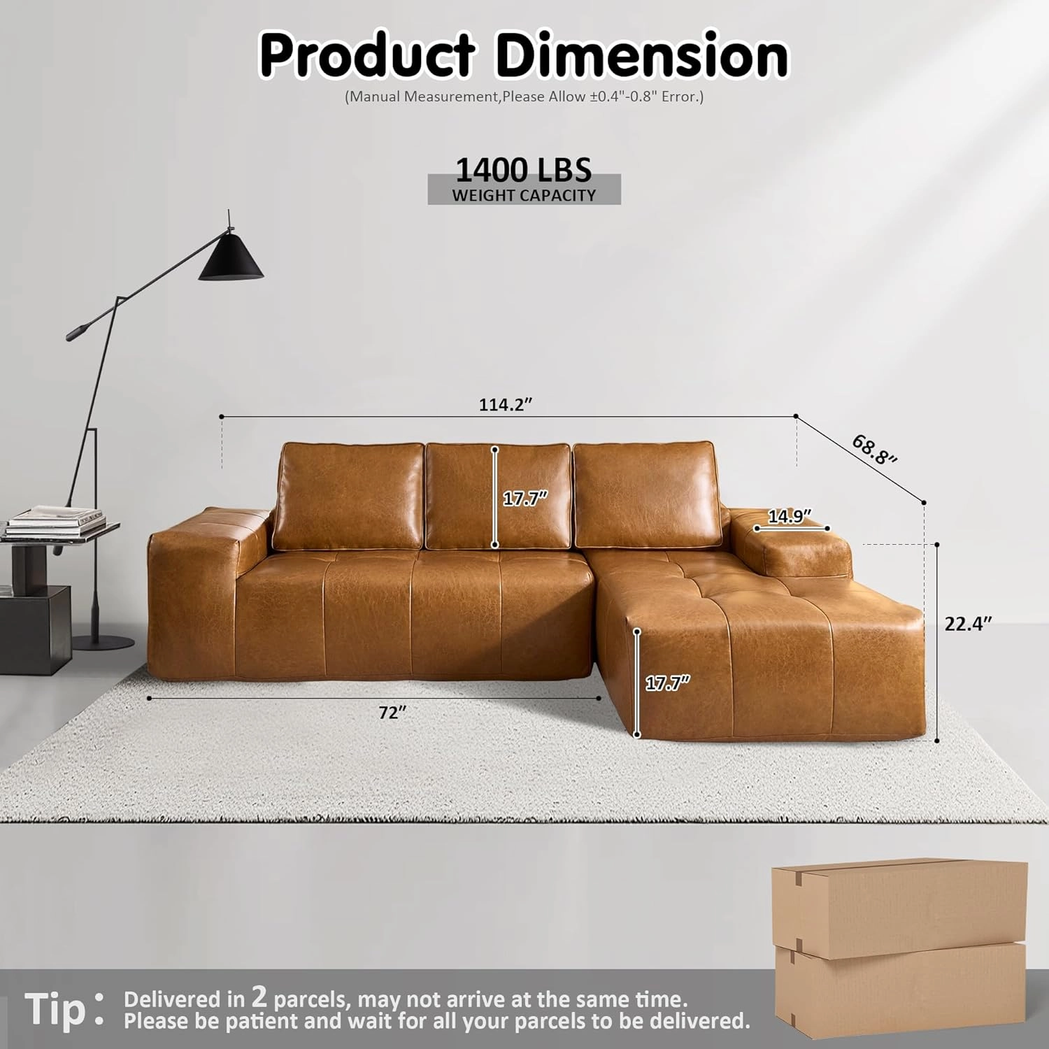 ovios 114" Cloud Sectional Couch with L-Shape Chaise,Modern Faux Leather Modular Sofa with Deep Seat, Upholstered Couches for Living Room Bedroom,No Assembly Required (Right Facing Chaise)