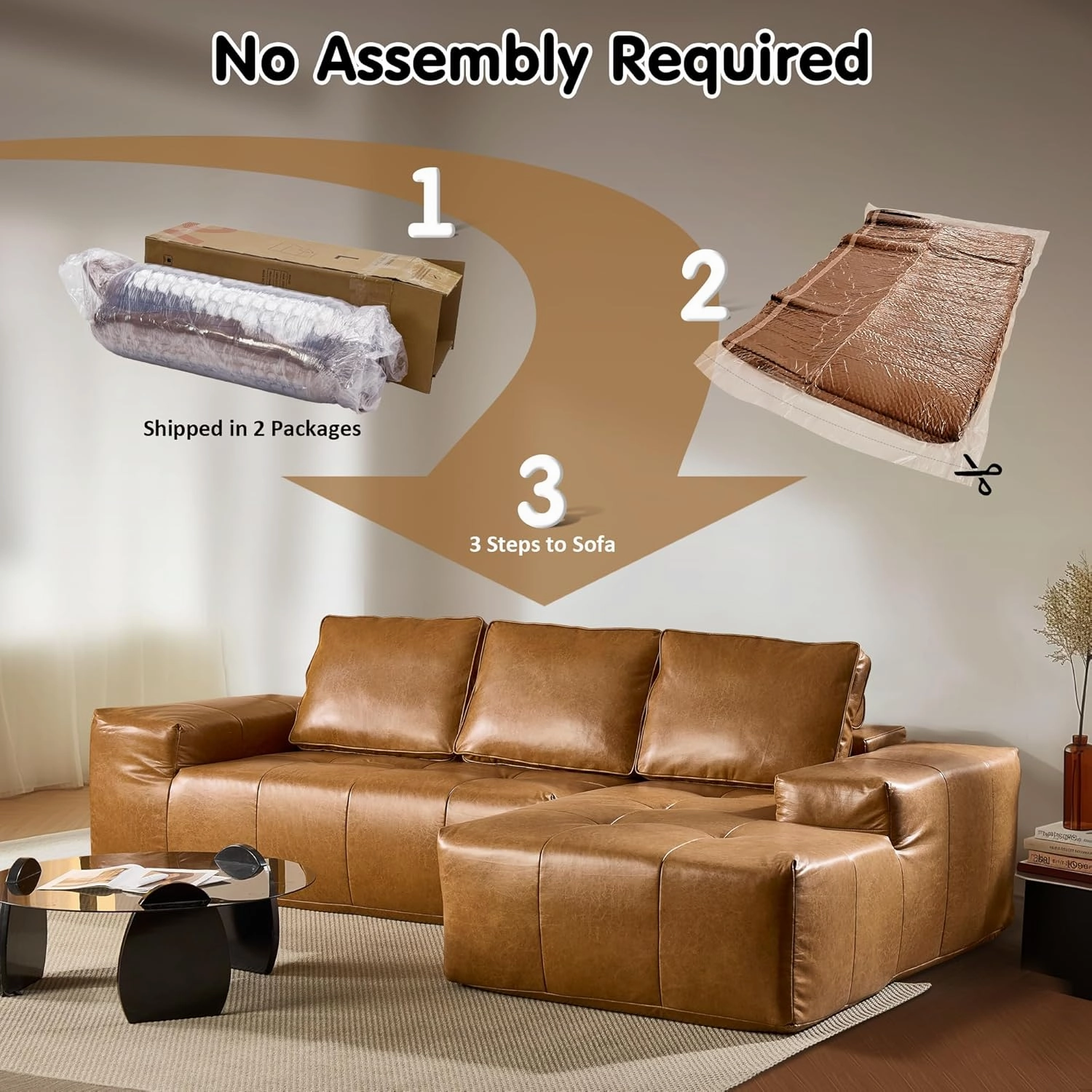 ovios 114" Cloud Sectional Couch with L-Shape Chaise,Modern Faux Leather Modular Sofa with Deep Seat, Upholstered Couches for Living Room Bedroom,No Assembly Required (Right Facing Chaise)