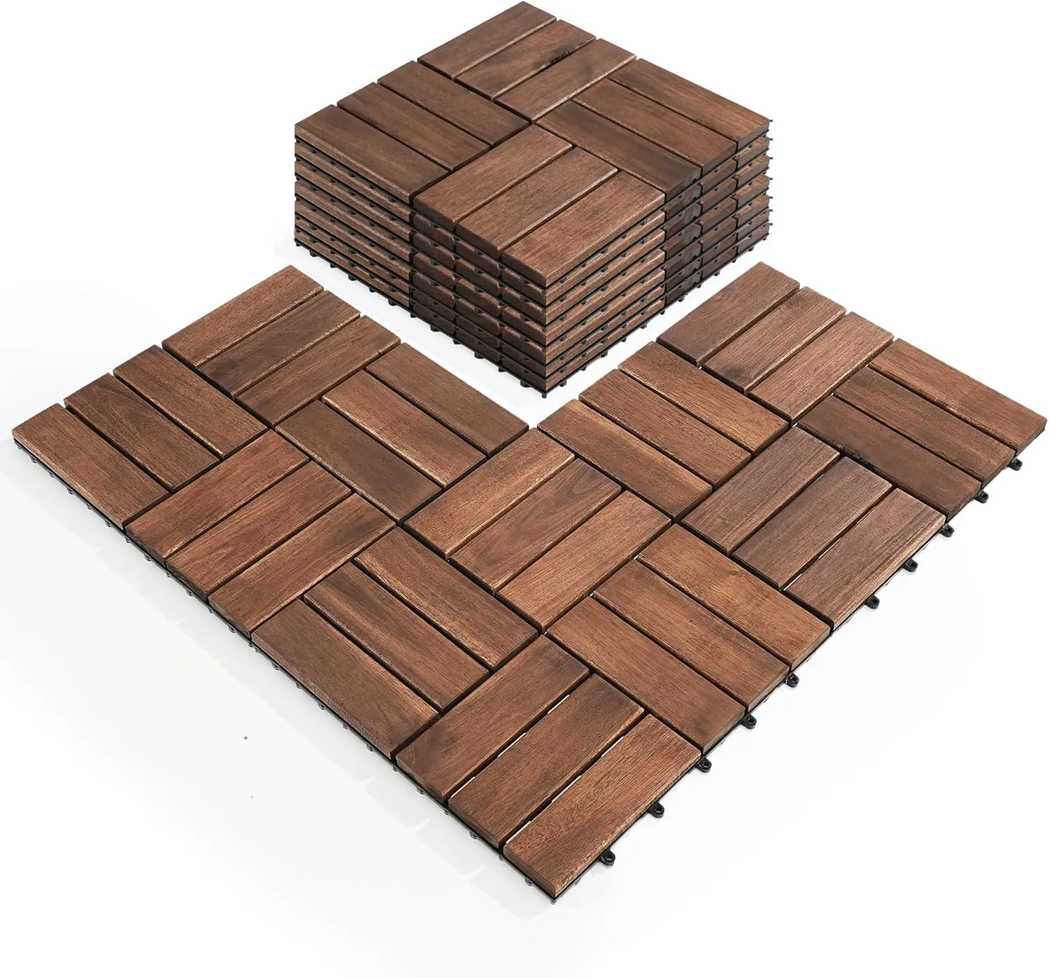 Pack of 10 Deck Tiles - 12"x12" Interlocking Natural Solid Acacia Wood for Outdoor & Indoor, Patio Garden, Balcony, Poolside - Dark Brown Color