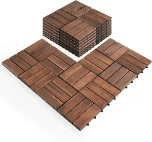 Pack of 10 Deck Tiles - 12"x12" Interlocking Natural Solid Acacia Wood for Outdoor & Indoor, Patio Garden, Balcony, Poolside - Dark Brown Color