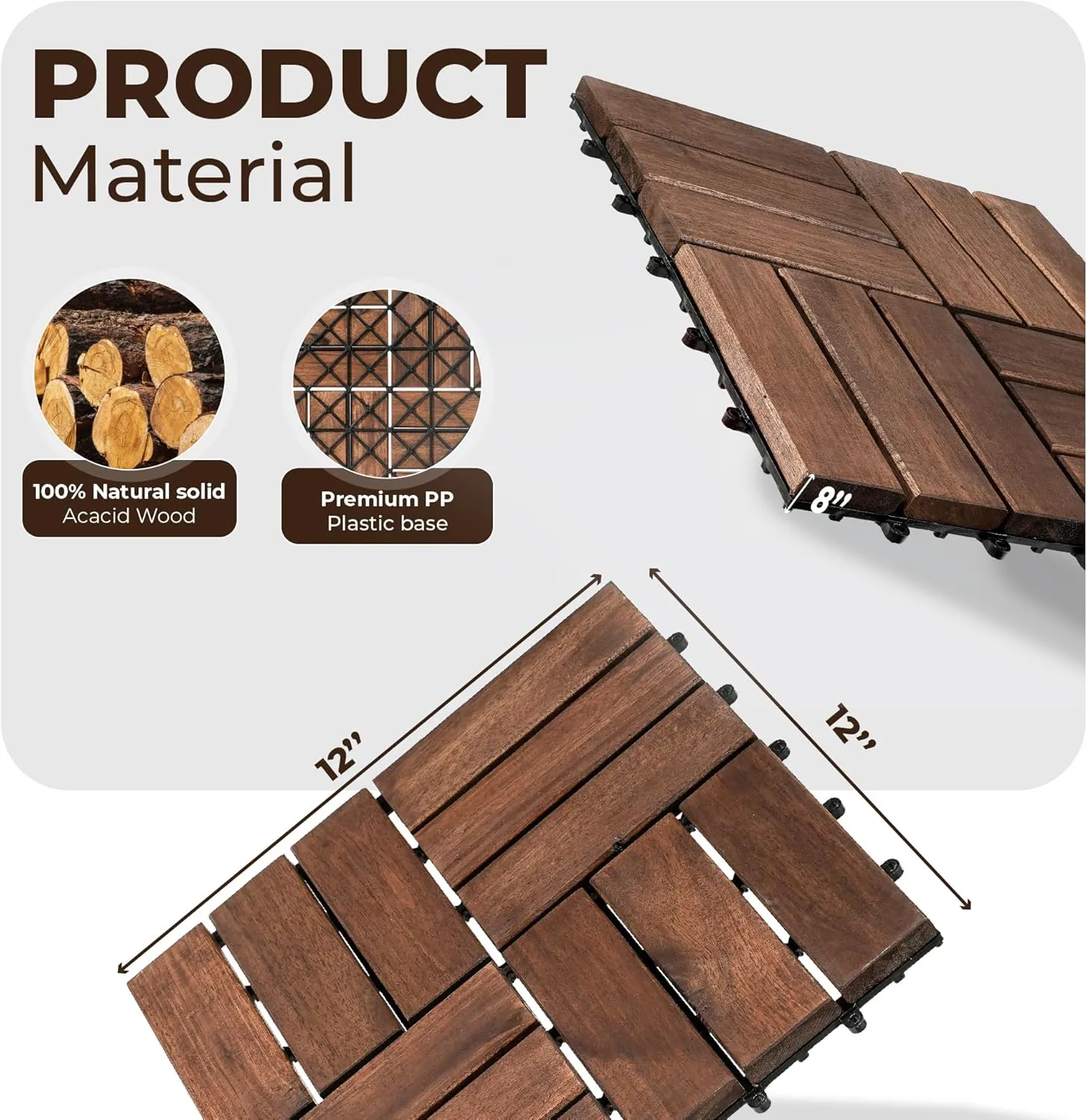 Pack of 10 Deck Tiles - 12"x12" Interlocking Natural Solid Acacia Wood for Outdoor & Indoor, Patio Garden, Balcony, Poolside - Dark Brown Color