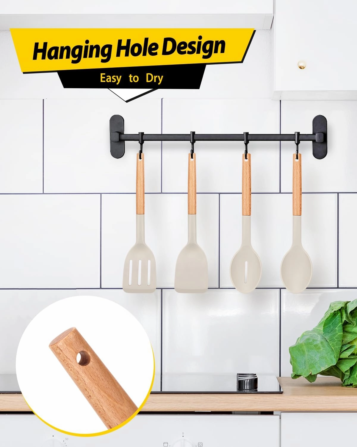 Pack of 4 Silicone Cooking Utensils Set, Non Stick Solid Spatulas and Heat Resistant Slotted Spoons with Wooden Handle, Ideal Wood Kitchen Utensils Set for Frying,Serving,Turning,Stirring (KHAKI)