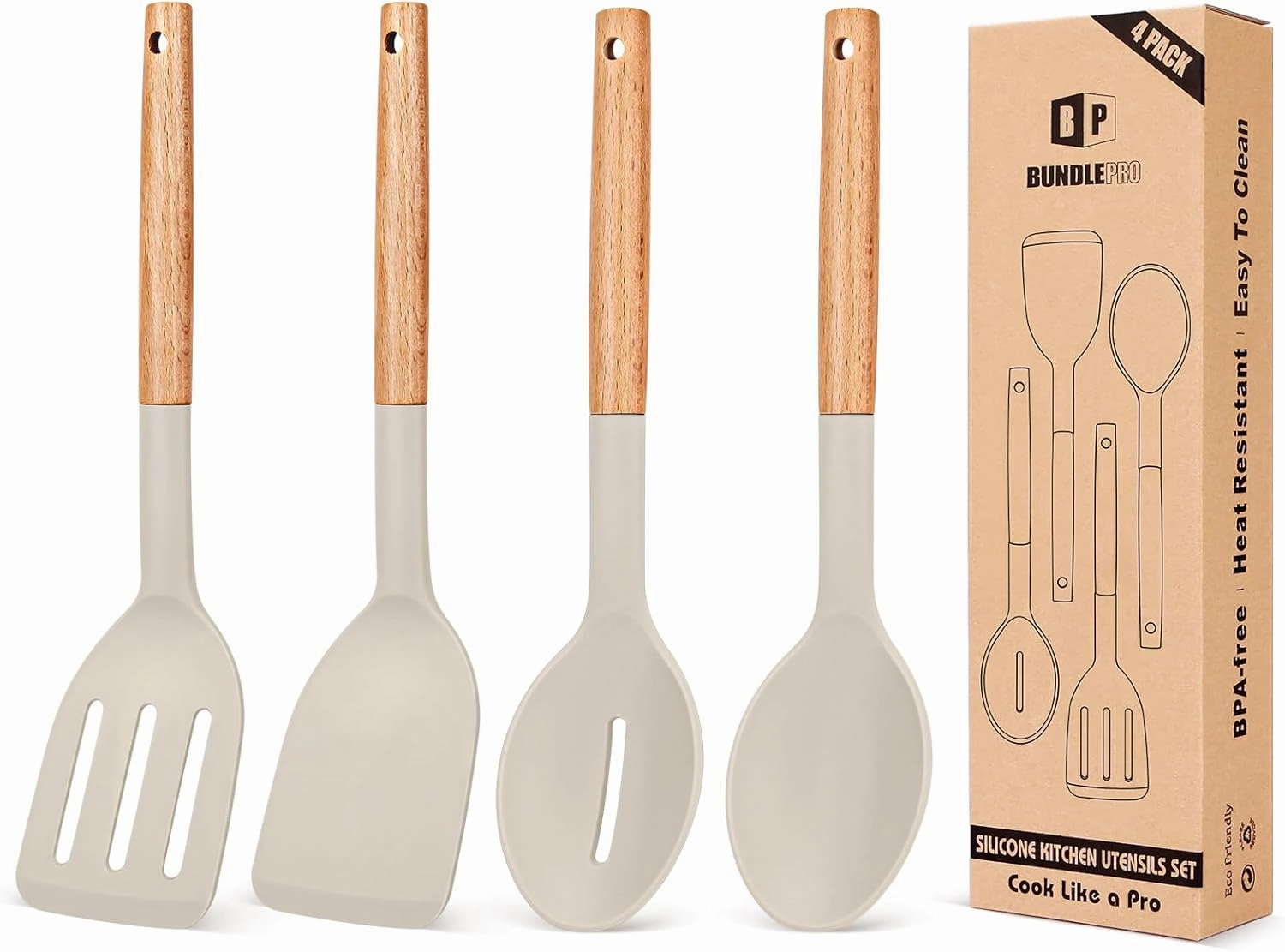 Pack of 4 Silicone Cooking Utensils Set, Non Stick Solid Spatulas and Heat Resistant Slotted Spoons with Wooden Handle, Ideal Wood Kitchen Utensils Set for Frying,Serving,Turning,Stirring (KHAKI)