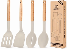 Pack of 4 Silicone Cooking Utensils Set, Non Stick Solid Spatulas and Heat Resistant Slotted Spoons with Wooden Handle, Ideal Wood Kitchen Utensils Set for Frying,Serving,Turning,Stirring (KHAKI)